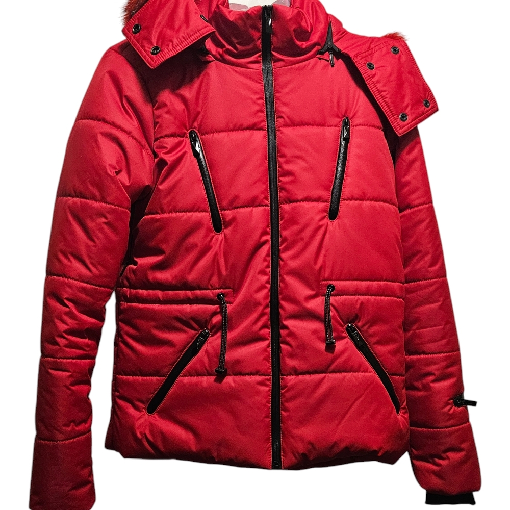 Topshop Red Puffer Jacket with Black Zippers